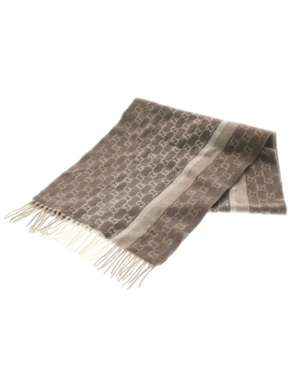 Gucci GG Pattern Wool Fringe Muffler Brown Scarf - Picture 1 of 6